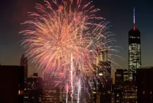 fireworks over a city at night