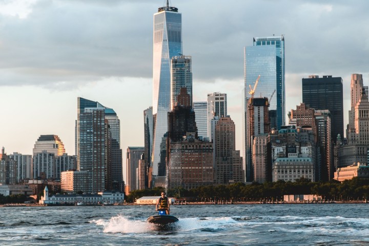 jet skiing in front of the world trade center in NYC